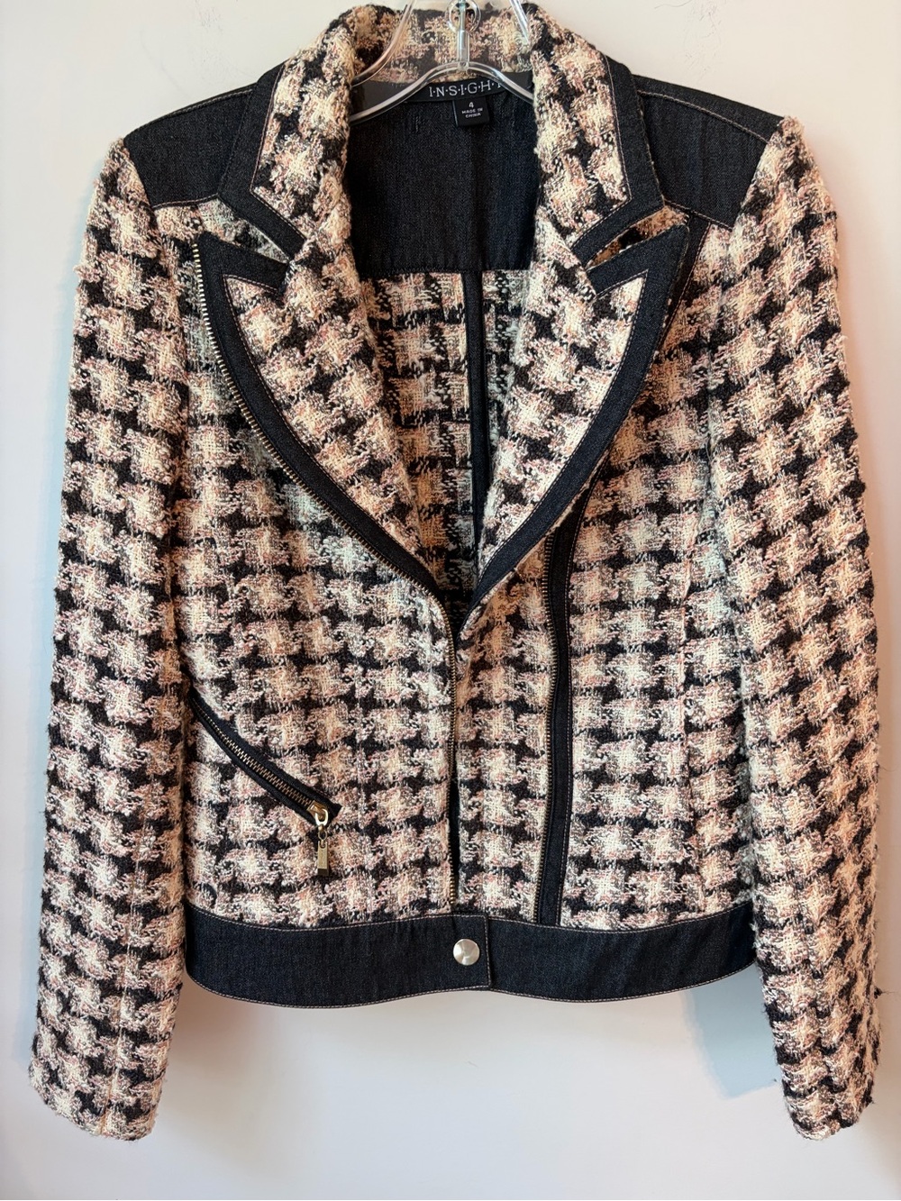 Insight Arielle Houndstooth Tweed Jacket With Mixed Media Trim Sz 4 Preowned